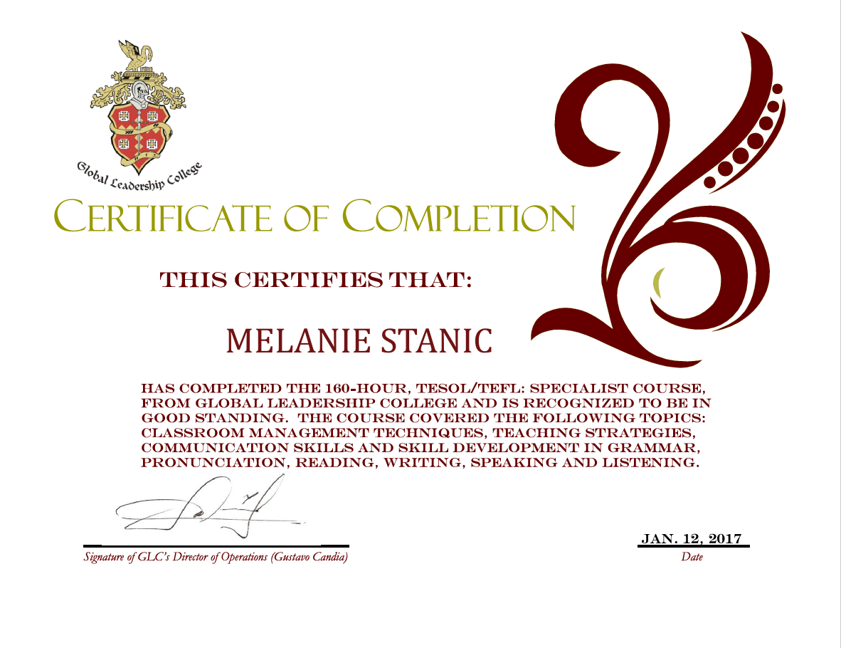 Melanie S160小时 TESOL/TEFL证书