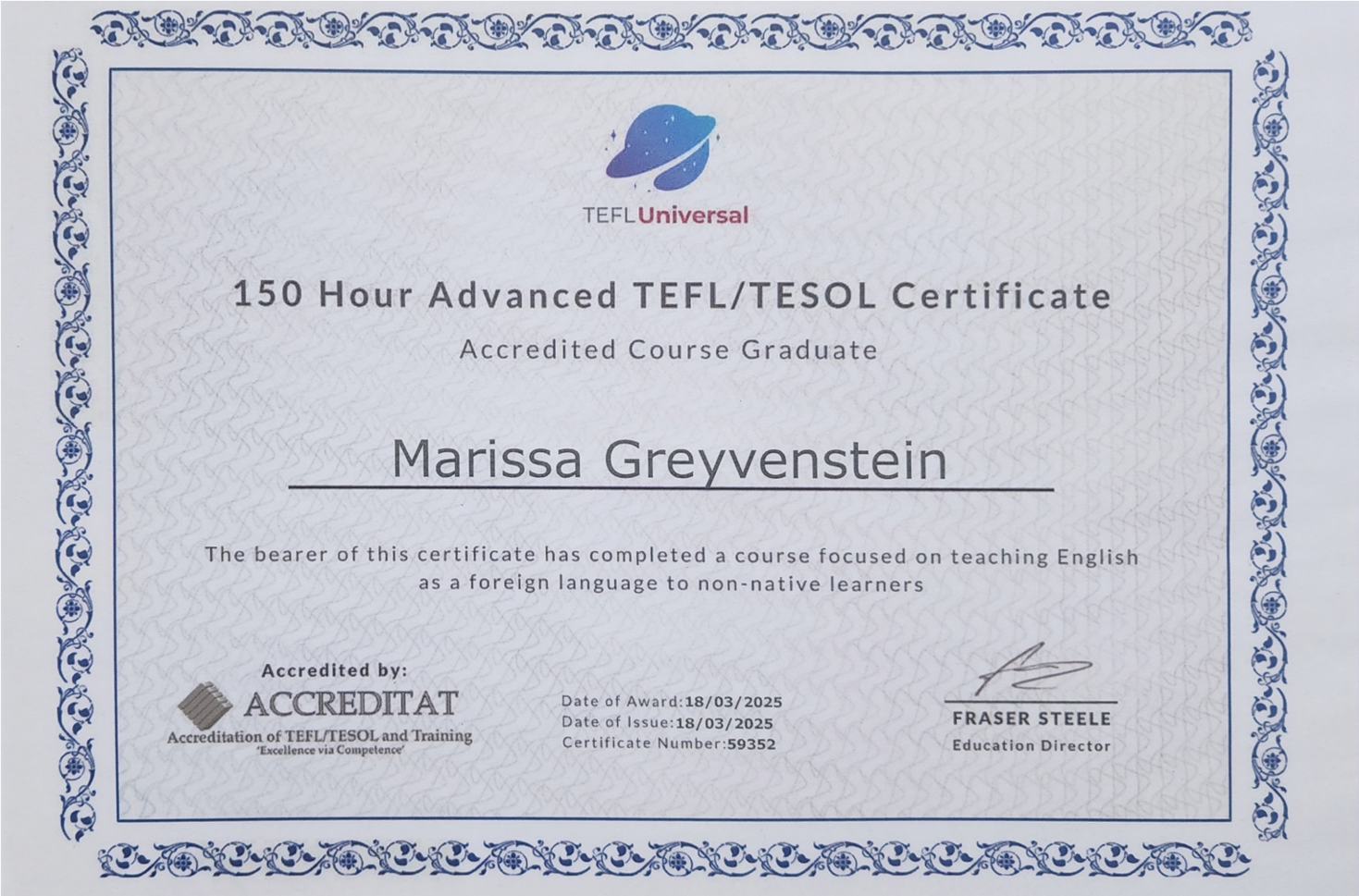 Marissa G150小时高级 TEFL/TESOL证书