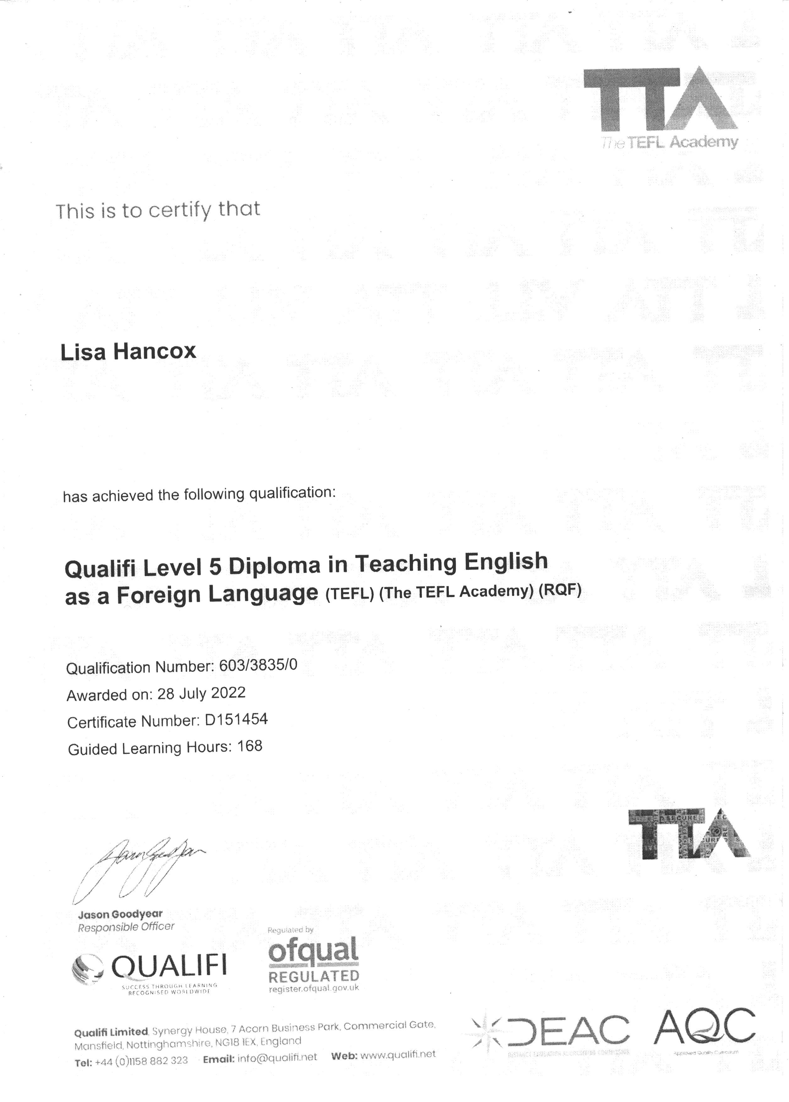 Lisa HQualifi Level 5 TEFL证书