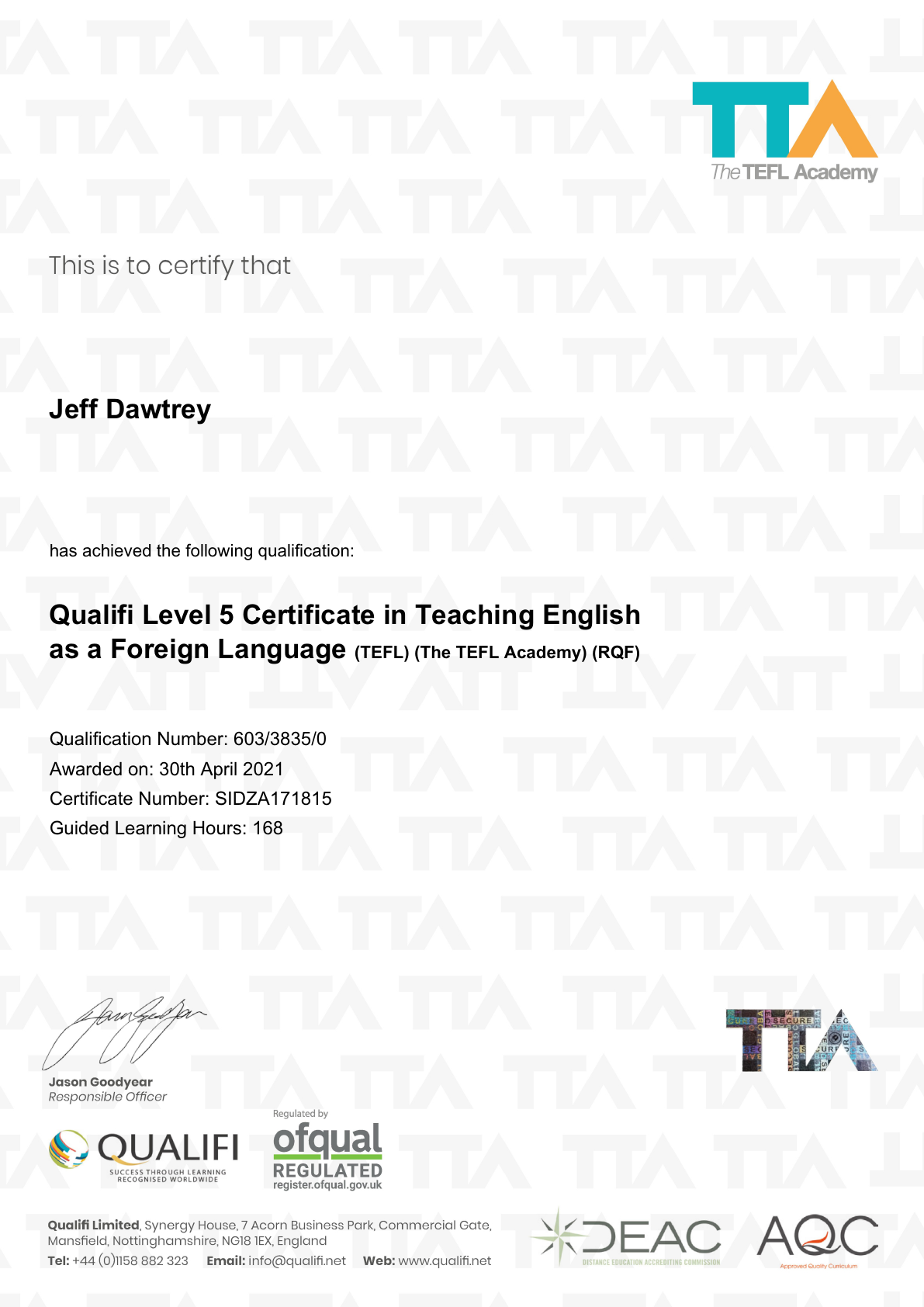 Jeff DQualifi Level 5 TEFL证书