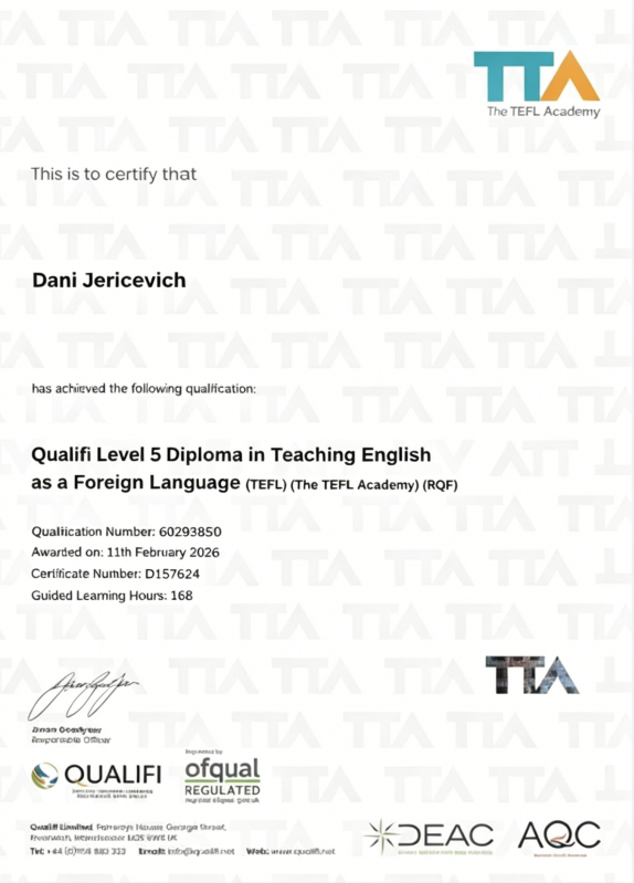 Dani JQualifi Level 5 TEFL证书
