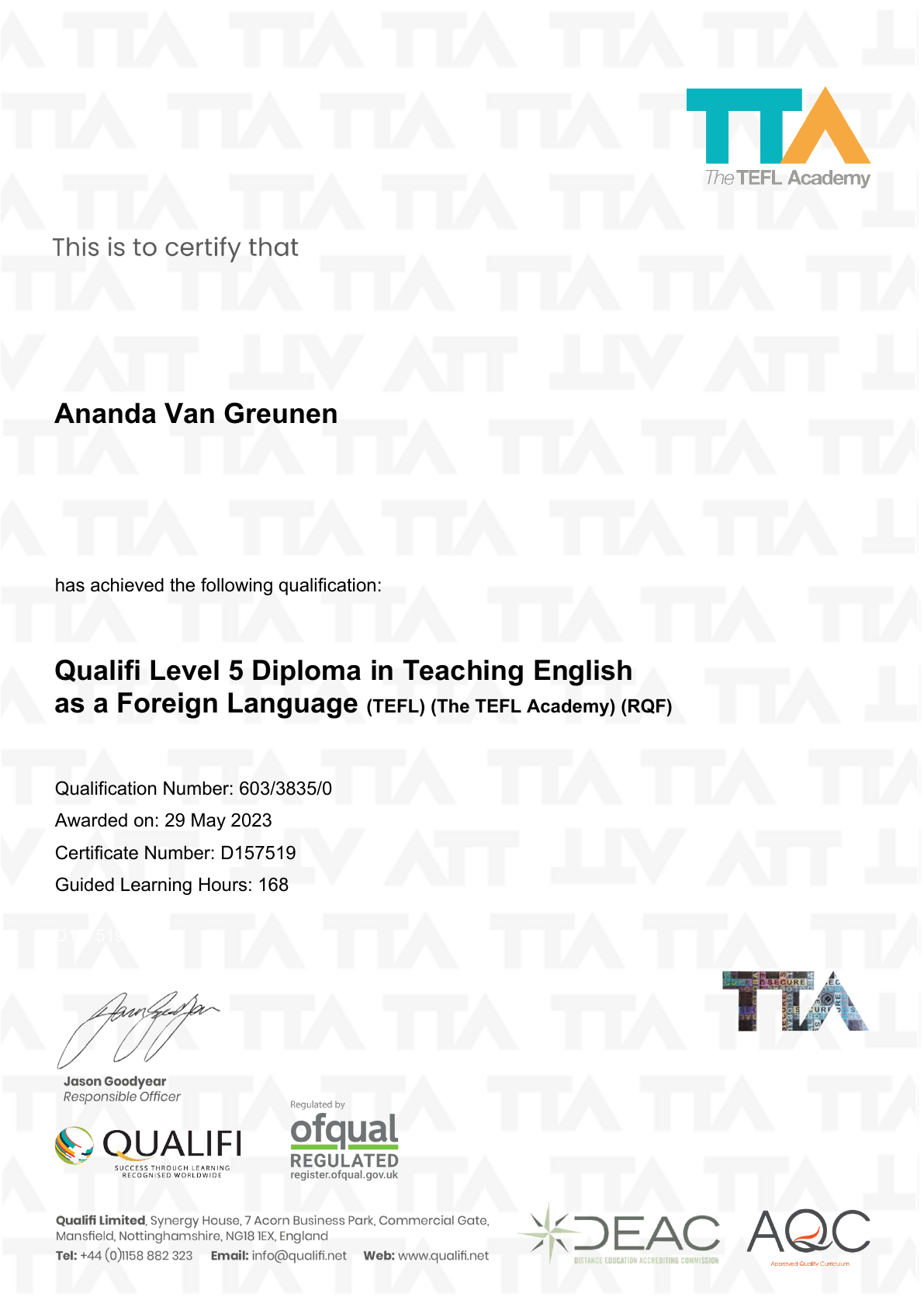 Ananda GQualifi Level 5 TEFL证书